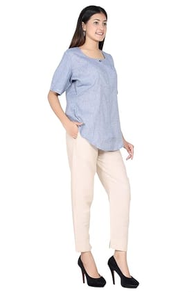 ceil Women Cotton Denim Solid Regular Fit Round Neck Casual Top for Women and Girls