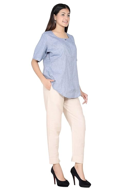 ceil Women Cotton Denim Solid Regular Fit Round Neck Casual Top for Women and Girls