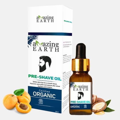 AMAzing EARTH Certified Organic Pre-Shave Oil - with Olive, Argan & Apricot Oil, Soft Stubble, Moisturizing, Silicone & Minerals Free, Sulphates & Parabens Free, Vegan & Cruelty Free - 30ml