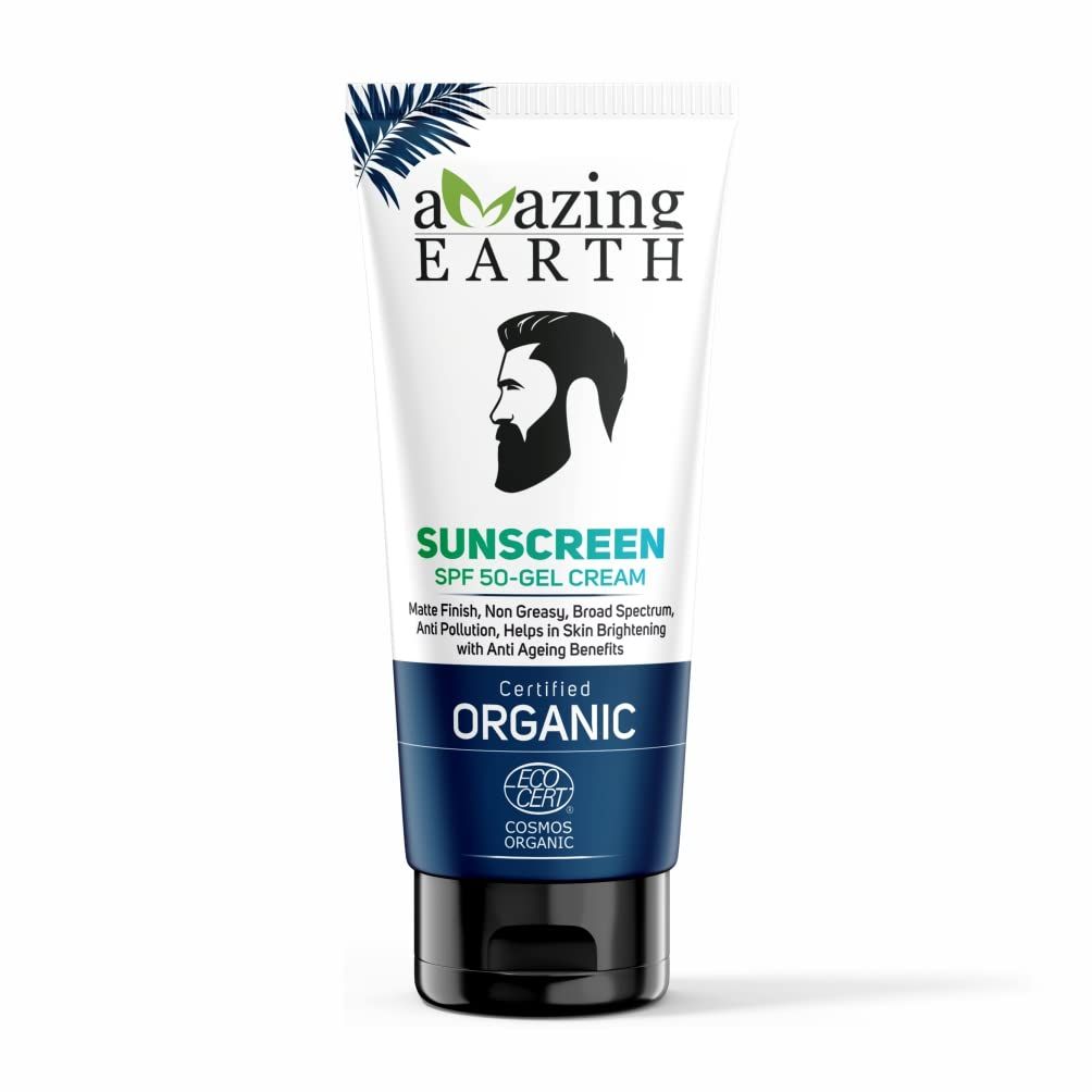 AMAzing EARTH Sunscreen for Men - SPF 50 Gel Cream Certified Organic with Zinc Oxide, Aloe Vera & Macroloba Seed Oil, for Sunburn & Suntan, Matt Finish, Anti-Aging, Silicon & Paraben Free, 100gm