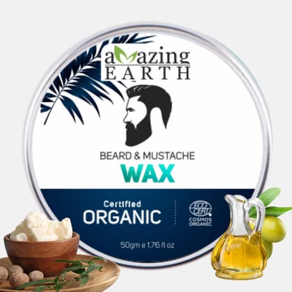 AMAzing EARTH Certified Organic Beard & Mustache Wax for Men - 100% Natural with Bee Wax, Olive, Argan, Patchouli Oil & Shea Butter, No Minerals, Chemical-Free, Vegan & Cruelty Free, ECOCERT - 50gm