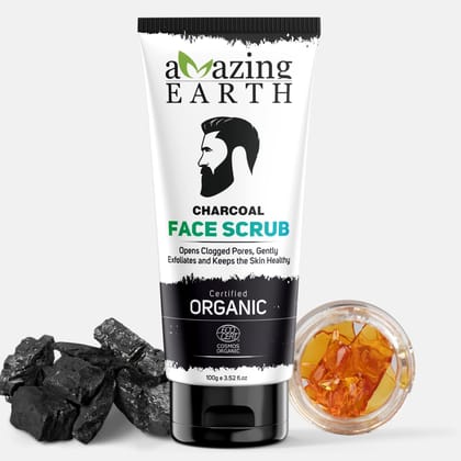 AMAzing EARTH Activated Charcoal Face Scrub for Men - Certified Organic with Neem & Olive Oil, Opens Clogged Pores Blackhead Remover, Oil Control, Silicon & Paraben Free, Cruelty Free & Vegan - 100 gm