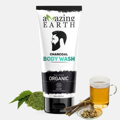 AMAzing EARTH Charcoal Body Wash for Men - Certified Organic with Activated Charcoal, Rice, Neem & Oragnge Extract, Pollution, Oil & Dirt Control, Sulphate & Paraben Free, Cruelty Free & Vegan - 100ml