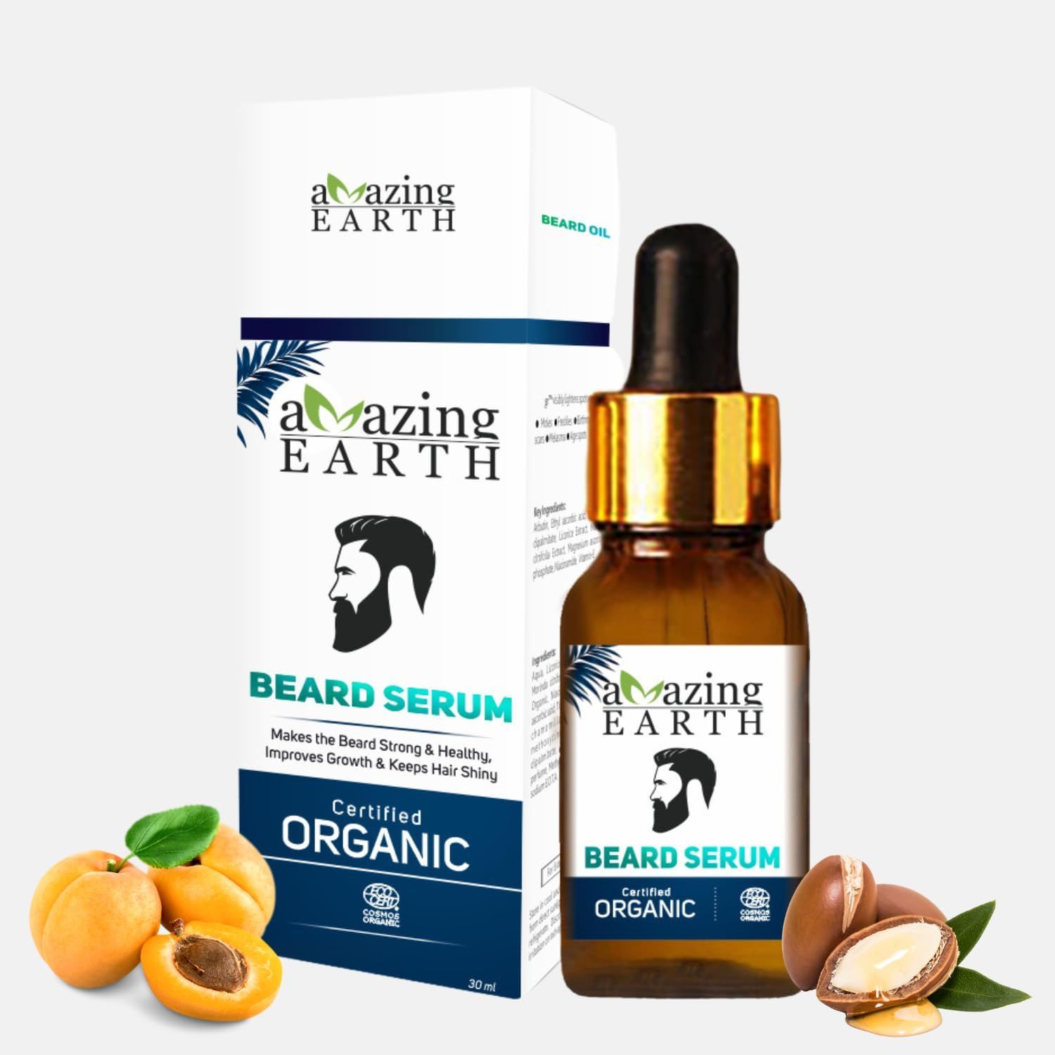 AMAzing EARTH Certified Organic Beard Serum for Men - 100% Natural with Olive, Argan & Apricot Oil & Grapeseed Extract, Shiny Beard Hair Growth, Sulphates & Parabens Free, Vegan & Cruelty Free - 30ml