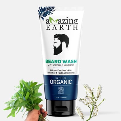 AMAzing EARTH 2 in 1 Beard Wash for Men - Shampoo + Conditioner for Hard Curly Beard with Bhringraj, Henna, Acacia & Argan Oil Certified Organic, Sulphate & Paraben Free, 100% Natural & Vegan - 100ml