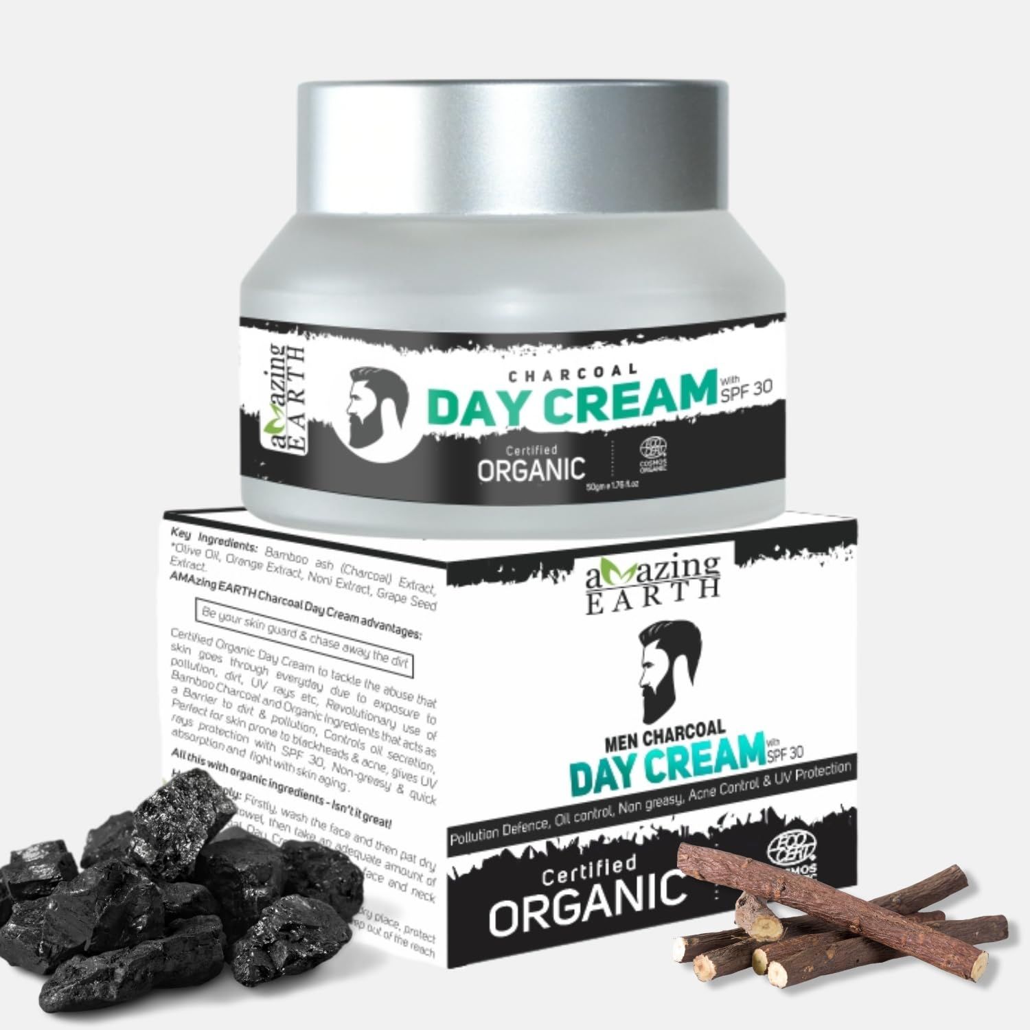 AMAzing EARTH Certified Organic Charcoal Day Cream for Men - with SPF 30 Sun Protection Cream with Activated Charcoal, Liquorice, Great Morinda & Camellia Extract, Silicone & Parabens Free, 50gm