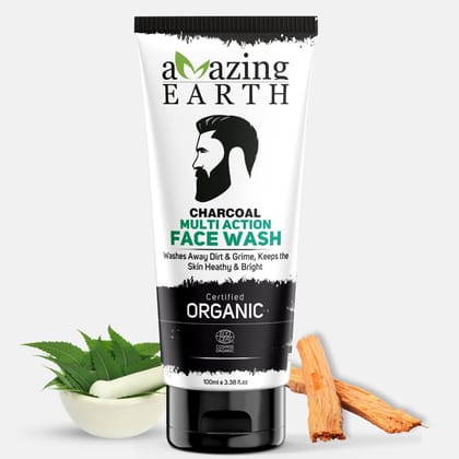 AMAzing EARTH Certified Organic Activated Charcoal Face Wash for Men - 100% Natural with Neem, Orange, Rice, Grapeseed, Sandalwood Extract, Fights Pollution, Oil Control, Sulphate and Paraben Free, Vegan, Cruelty Free - 100ml