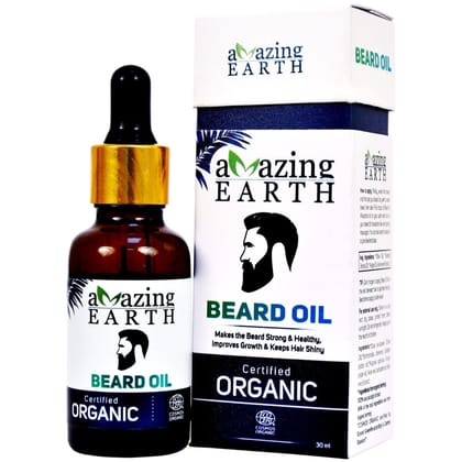 AMAzing EARTH Certified Organic Beard Oil for Men - 100% Natural with Argan & Olive Oil, Aloe Vera, Golden Jojoba Oil & Glycerine, Non-Sticky, Sulphates & Parabens Free, Vegan & Cruelty Free - 30ml