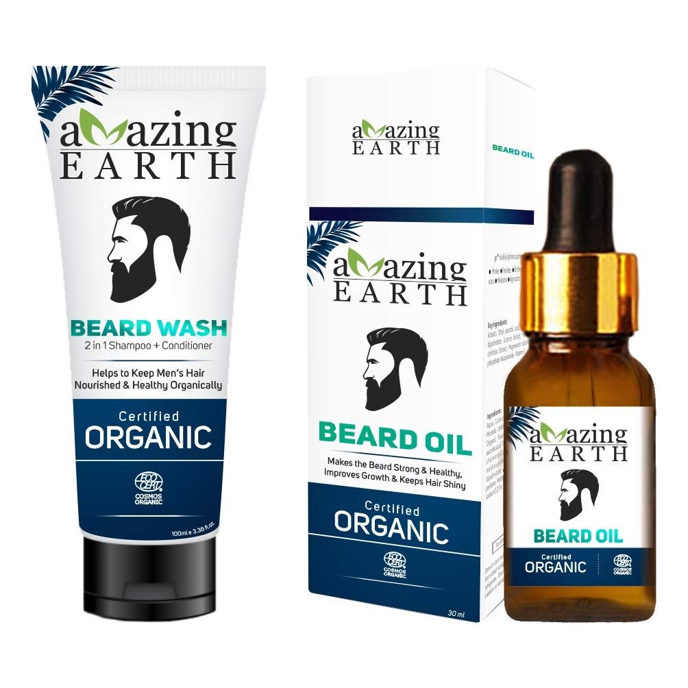 AMAzing EARTH Certified Organic Beard Oil and Beard Wash Combo for Hair Growth Oil, Non-Sticky, Conditioning, Hard Curly Beard, Sulphate & Paraben Free