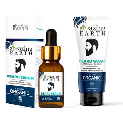 AMAzing EARTH Beard Serum 30ml and Beard Wash 100ml. Combo for Hair Growth and Shiny Beard