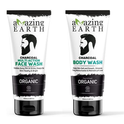 AMAzing EARTH Charcoal Multi-Action Face Wash 100 ml And Body Wash 100 ml Certified Organic Deep Cleansing,