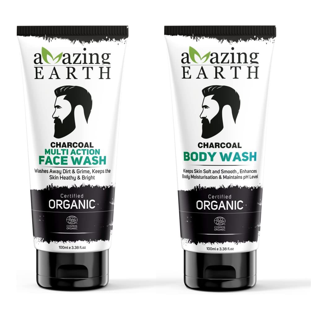 AMAzing EARTH Charcoal Multi-Action Face Wash 100 ml And Body Wash 100 ml Certified Organic Deep Cleansing,