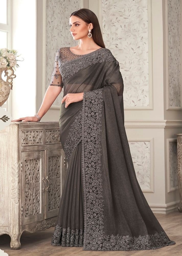 Embroidered Art Silk Shimmer Saree in Dark Grey