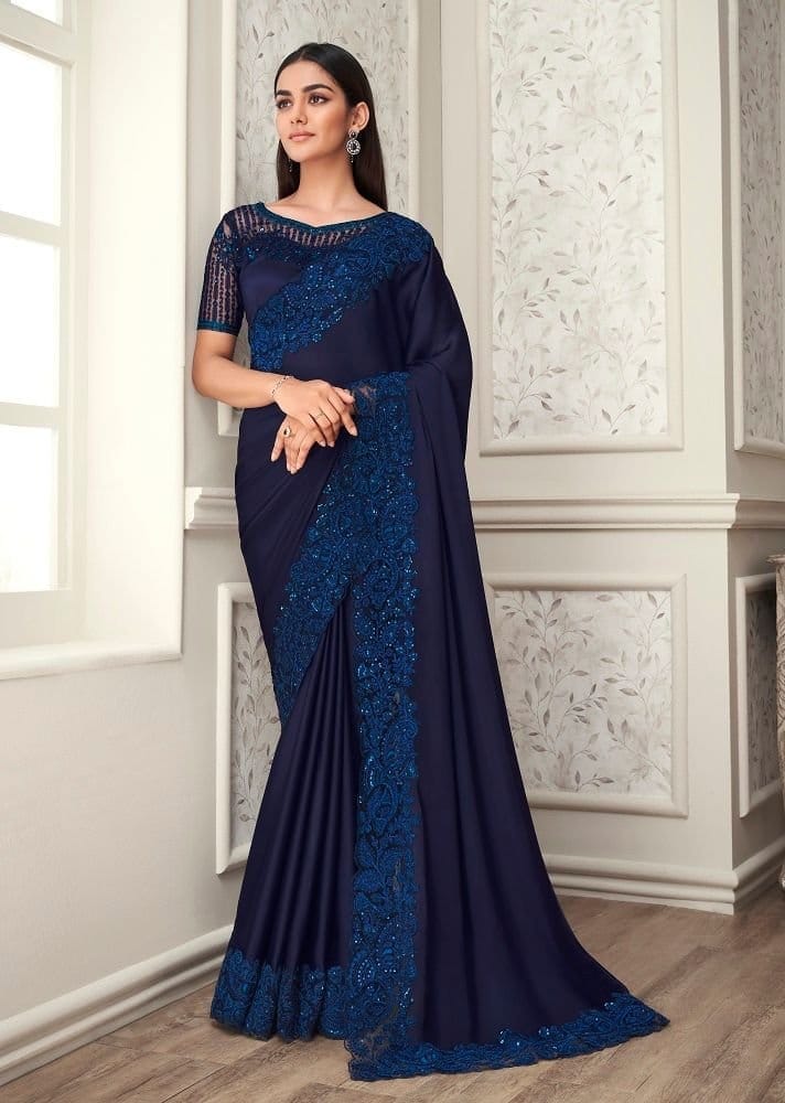 Embroidered Satin Georgette Saree in Navy Blue