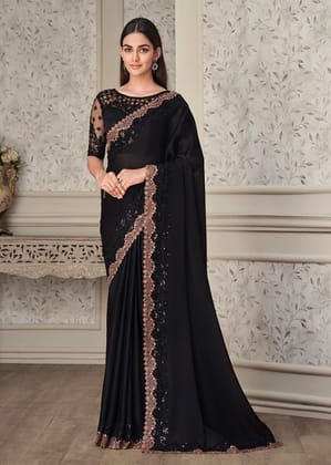 Embroidered Satin Georgette Saree in Black