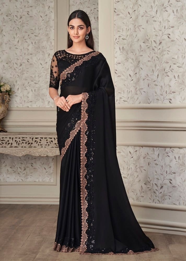 Embroidered Satin Georgette Saree in Black