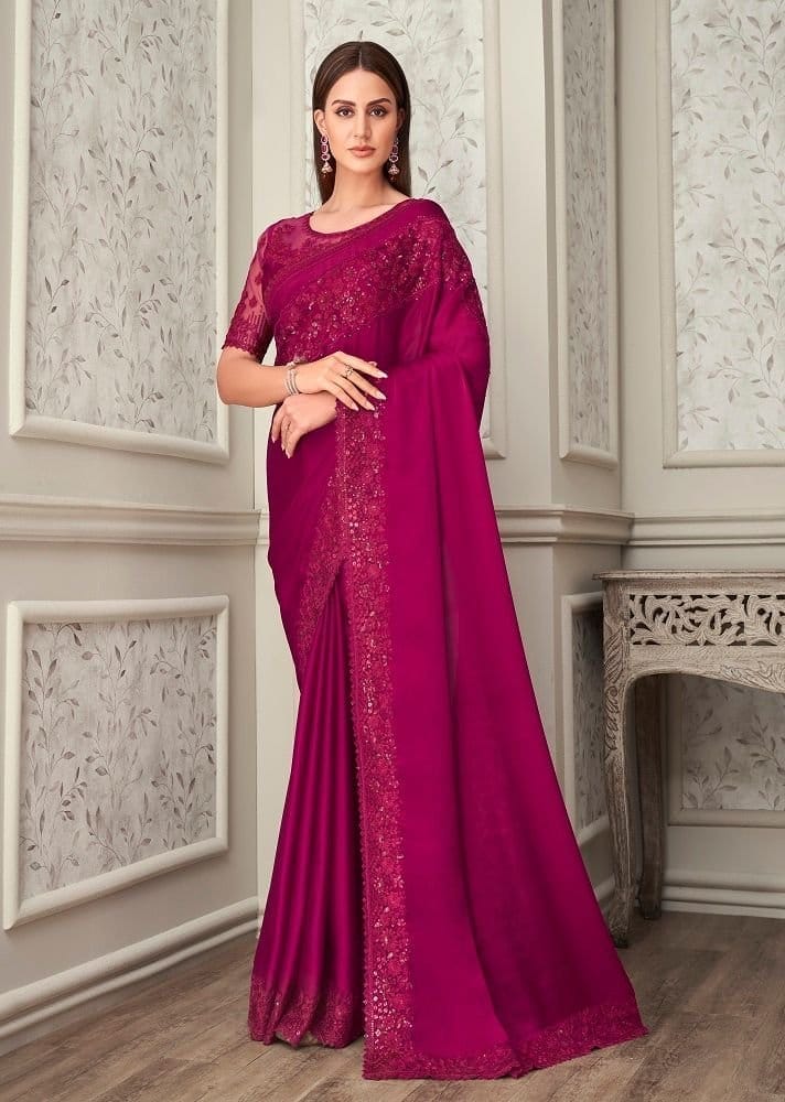 Embroidered Satin Georgette Saree in Dark Fuchsia