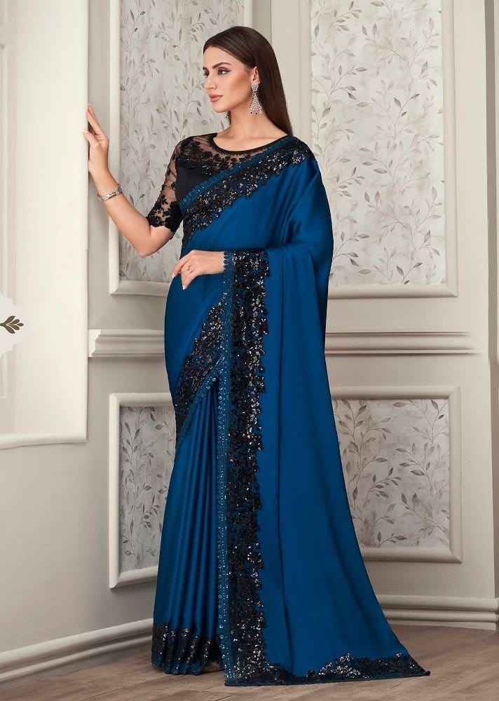 Embroidered Border Satin Georgette Saree in Royal Blue