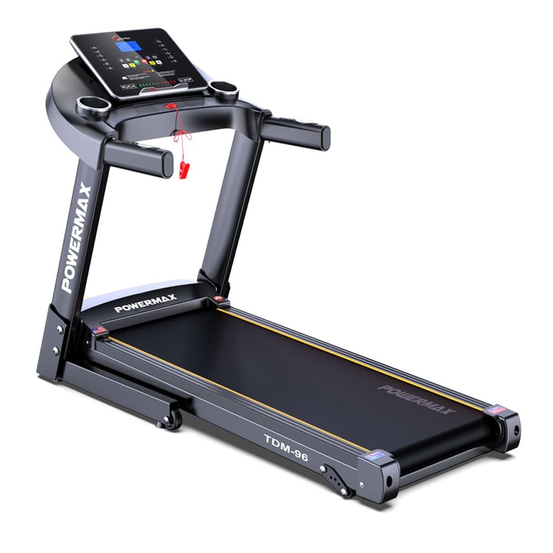 PowerMax Fitness TDM-96 (4HP Peak) Motorised Treadmill for Home Use [ Max User Wt. 110kg | LCD Display | Bluetooth for Music & Mobile App | 3 Level Manual Incline ] Free (DIY) Installation Assistance