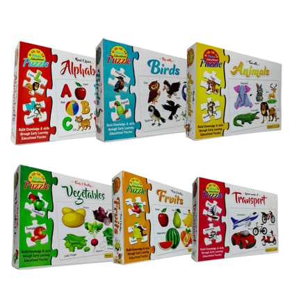 7AYS Educational toys,puzzles and game for kids-Games-Puzzle toys for kids-6Combo pack-Alphabets,Fruits,Vegetables,Birds, Animals and Transport themed 4+4+4+4+4+4 jigsaw puzzles-Skill developing toys