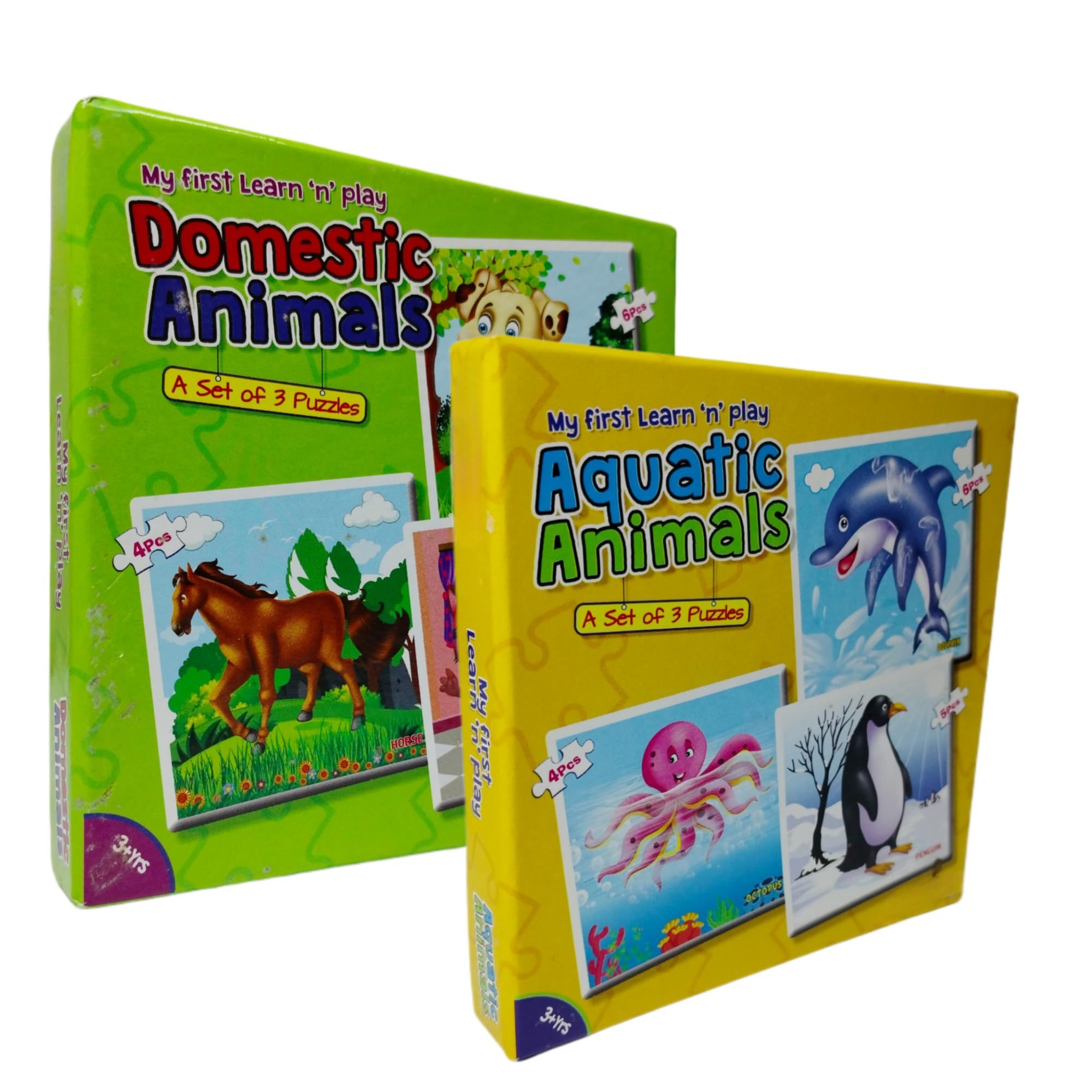 7AYS Educational toys,puzzles and game for kids-Learning games for kid-Puzzle toys for toddlers-2Combo pack-Domestic and sea animals themed 3+3 jigsaw puzzles-Skill developing toys and puzzles for kid