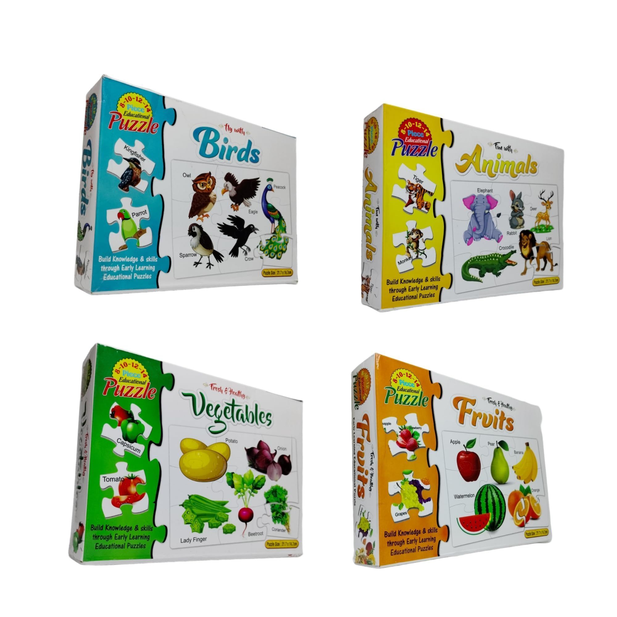 7AYS Puzzles for children-Learning games for kids-Educational games for kids-4Combo pack-Fruits,Vegetables,Animals and Birds themed 4+4+4+4 jigsaw puzzles-Playing set for kids-Skill developing puzzles