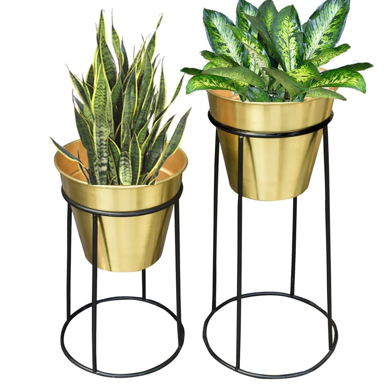 Emily Gold Metal Plant Pot with Stand (Set of 2)