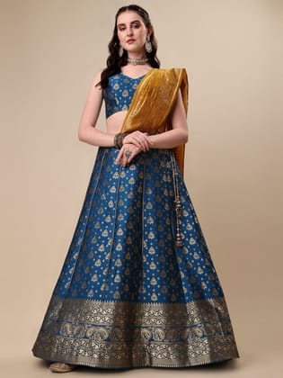 Rama Brocade Fabric Lehenga & Unstitched Blouse With Dupatta