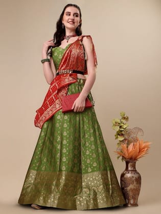 Mahendi Brocade Fabric Lehenga & Unstitched Blouse With Dupatta