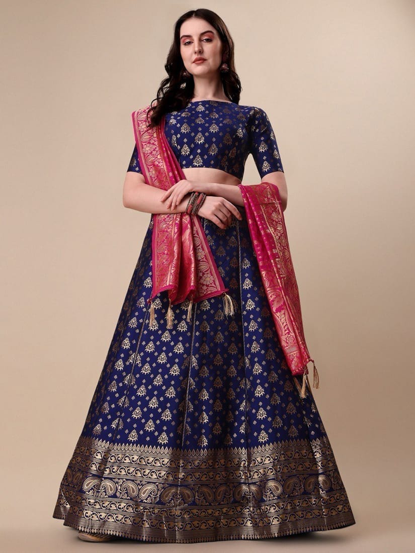 Blue Brocade Fabric Lehenga & Unstitched Blouse With Dupatta