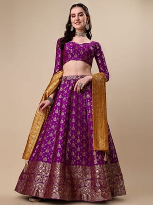 Purple Brocade Fabric Lehenga & Unstitched Blouse With Dupatta