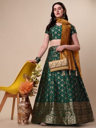 Green Brocade Fabric Lehenga & Unstitched Blouse With Dupatta