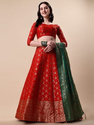 Red Brocade Fabric Lehenga & Unstitched Blouse With Dupatta