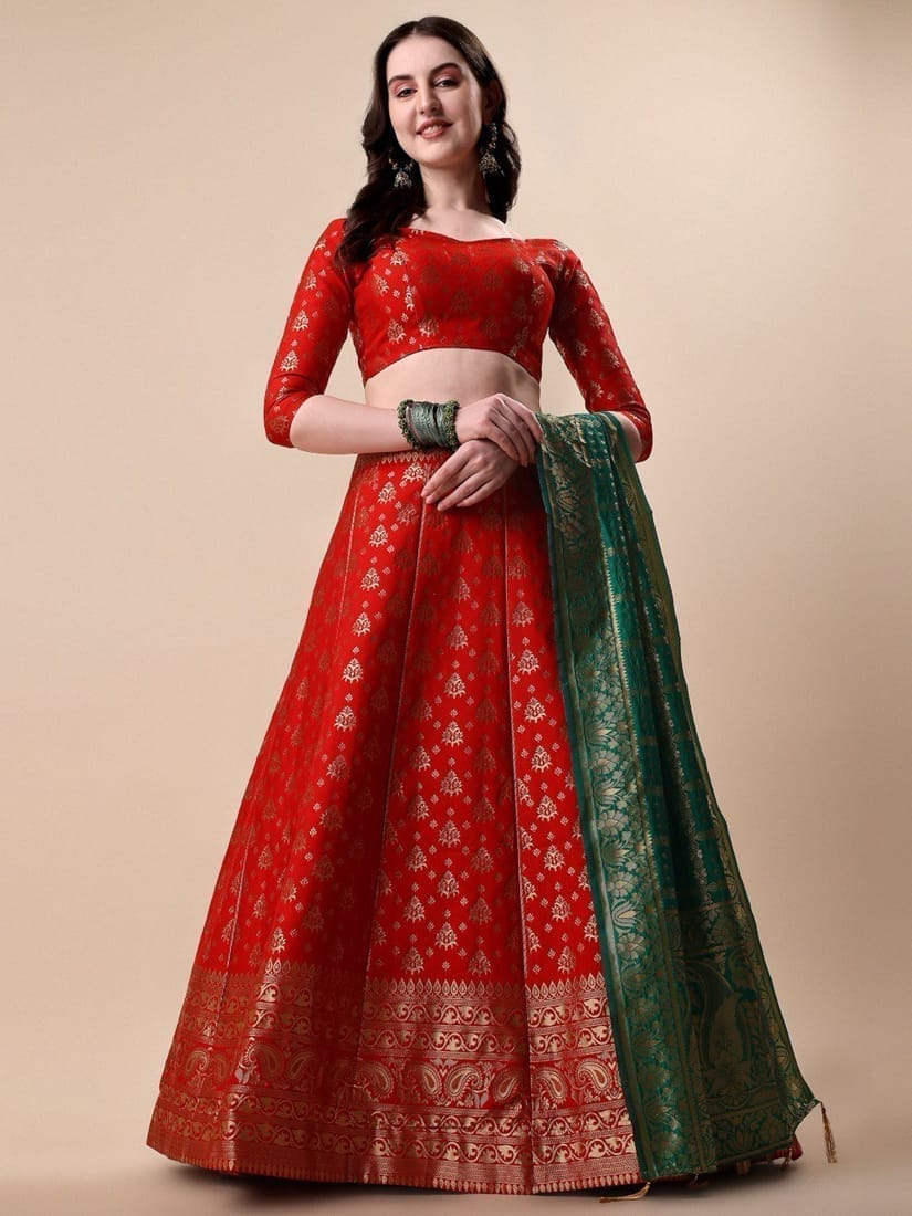 Red Brocade Fabric Lehenga & Unstitched Blouse With Dupatta