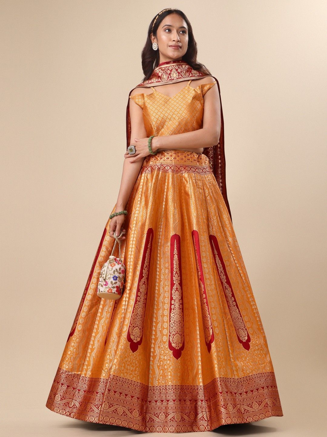 Orange Ready to Wear Lehenga & Unstitched Blouse With Dupatta