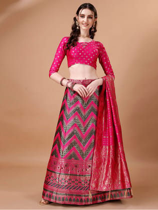 Black & Pink Semi-Stitched Lehenga & Unstitched Blouse With Dupatta