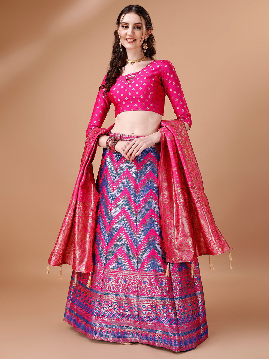 Purple & Pink Semi-Stitched Lehenga & Unstitched Blouse With Dupatta