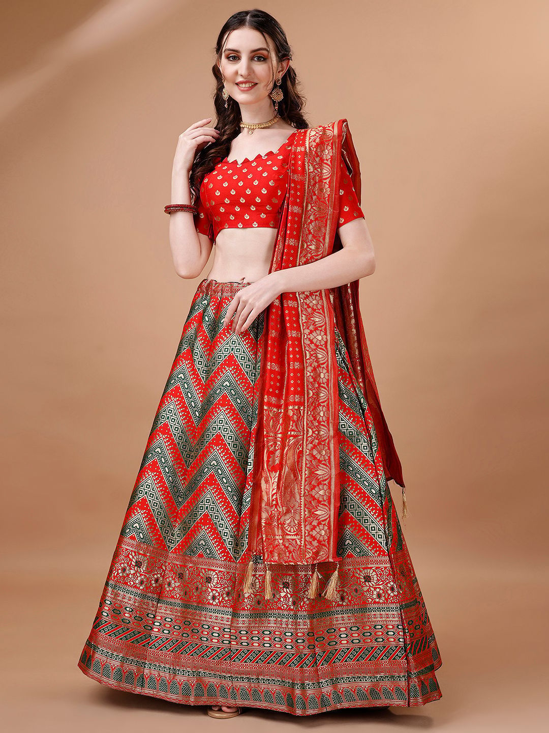 Green & Red Semi-Stitched Lehenga & Unstitched Blouse With Dupatta