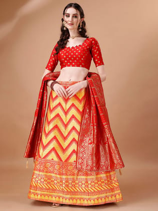 Yellow & Red Semi-Stitched Lehenga & Unstitched Blouse With Dupatta