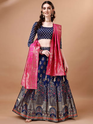 Blue & Pink Semi-Stitched Lehenga & Unstitched Blouse With Dupatta