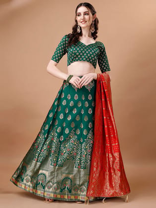 Green & Red Semi-Stitched Lehenga & Unstitched Blouse With Dupatta