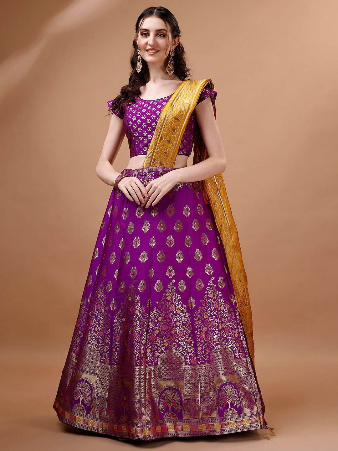 Purple & Mustard Semi-Stitched Lehenga & Unstitched Blouse With Dupatta