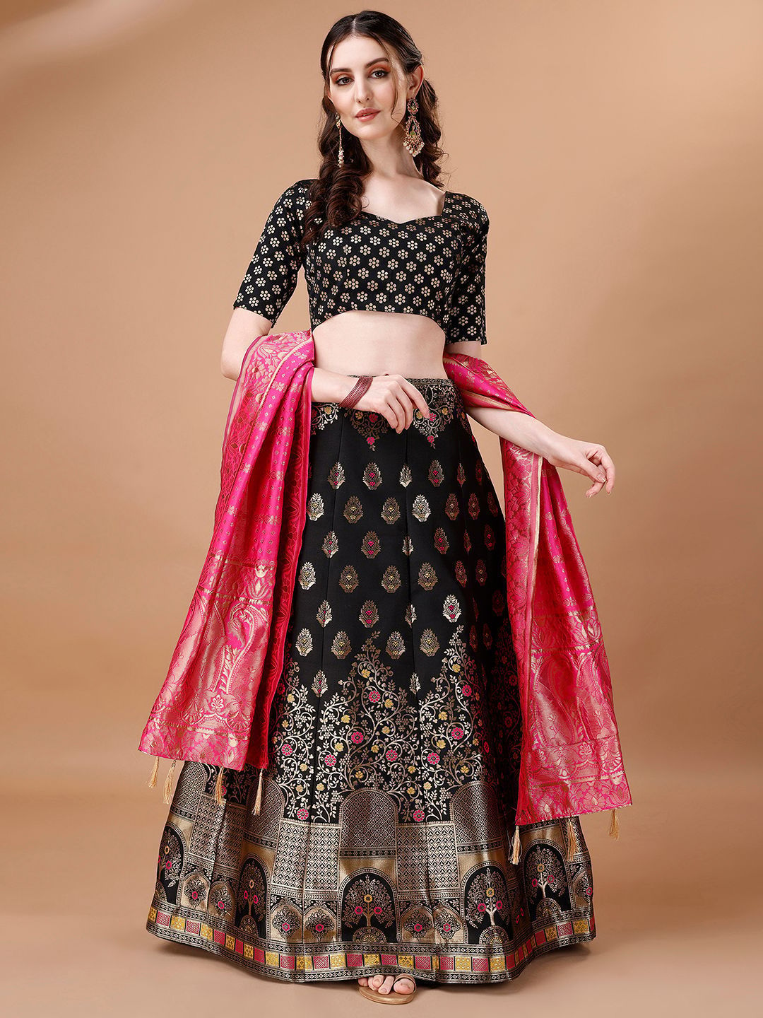 Black & Pink Semi-Stitched Lehenga & Unstitched Blouse With Dupatta