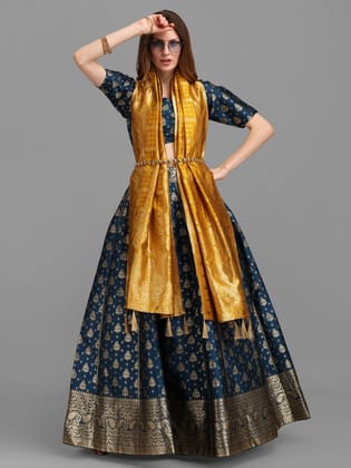 Rama Brocade Fabric Lehenga & Unstitched Blouse With Dupatta