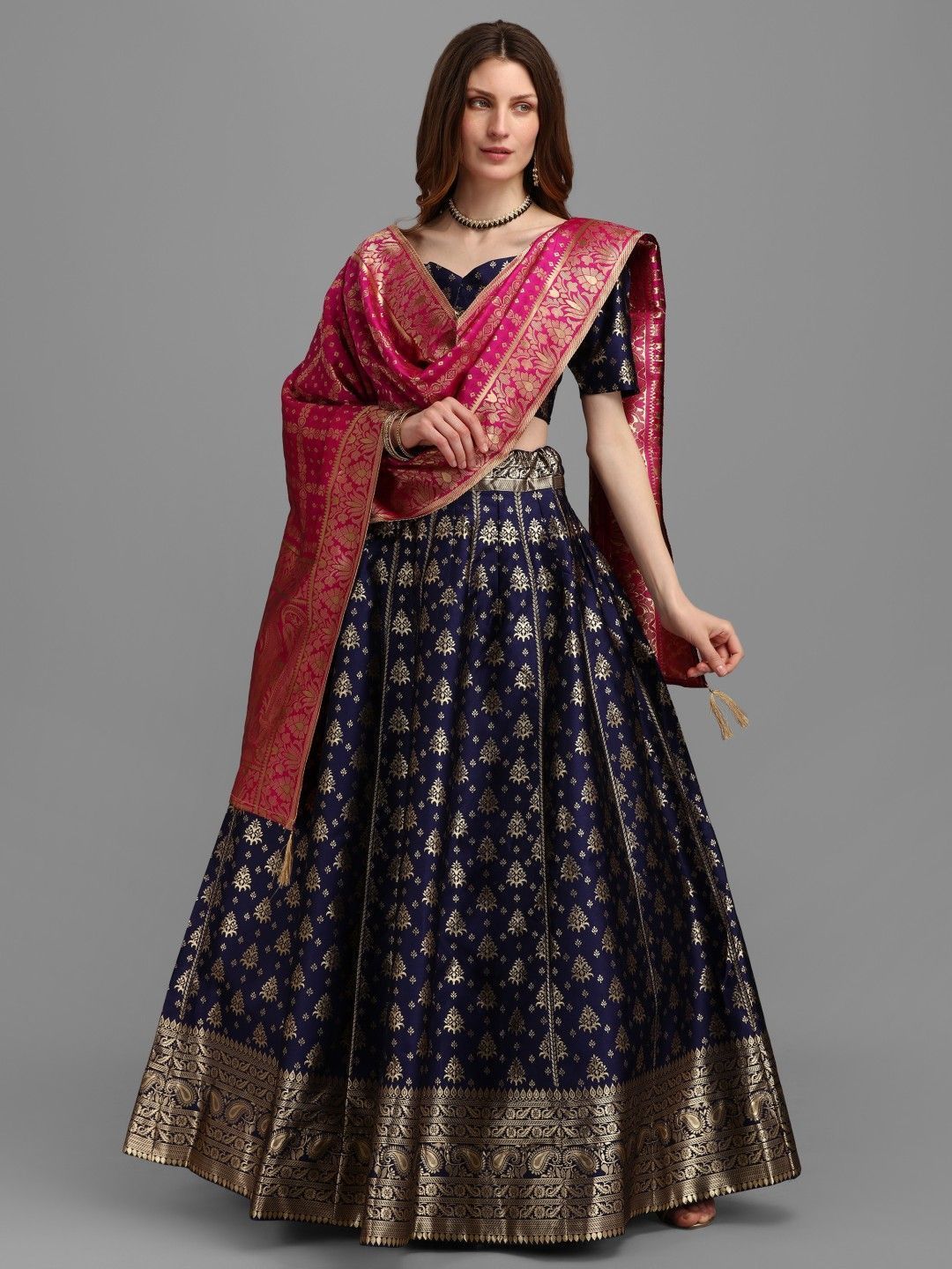 Blue Brocade Fabric Lehenga & Unstitched Blouse With Dupatta