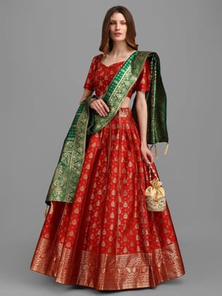 Red Brocade Fabric Lehenga & Unstitched Blouse With Dupatta