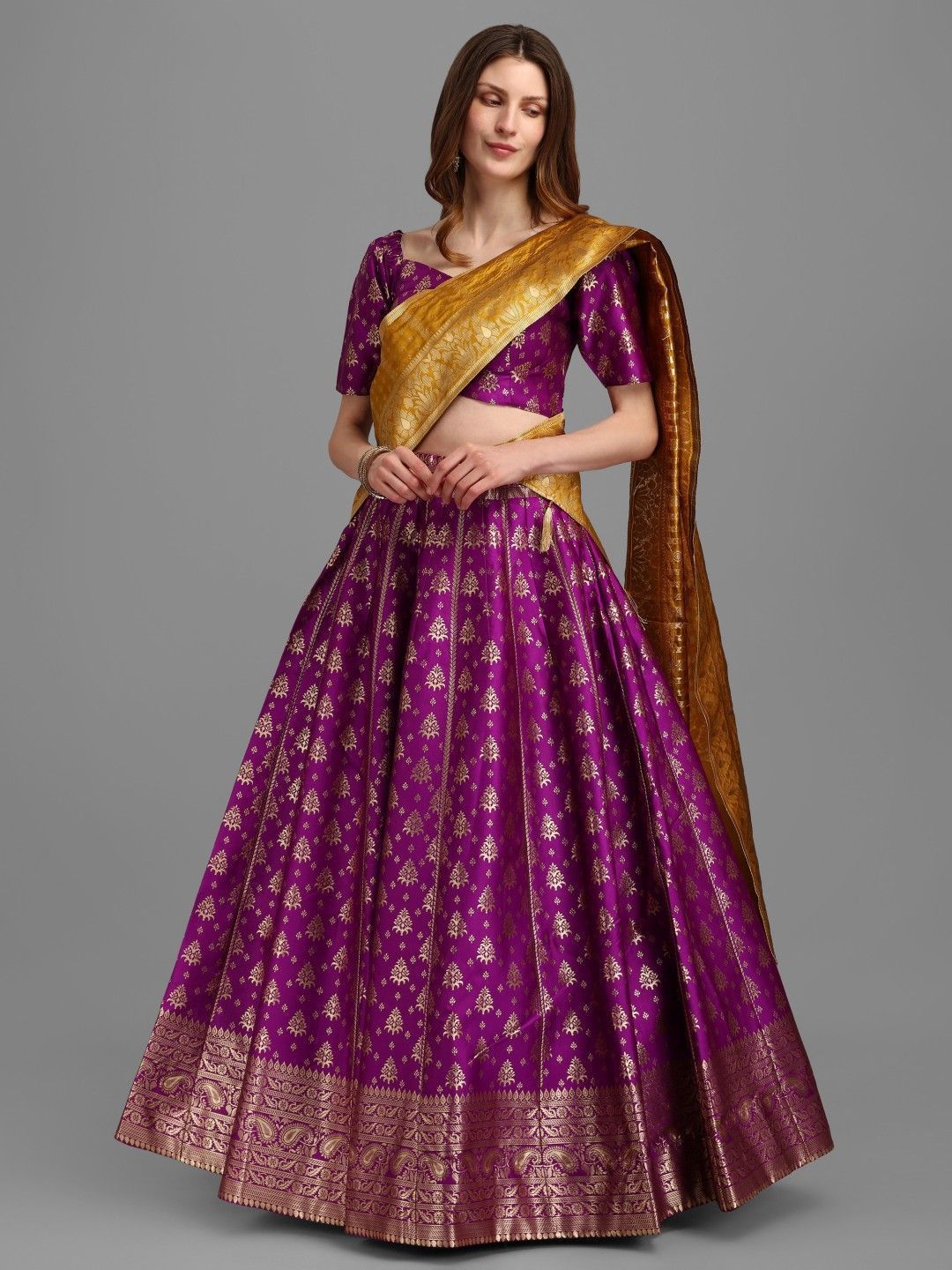 Purple Brocade Fabric Lehenga & Unstitched Blouse With Dupatta