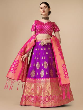 Purple Brocade Fabric Lehenga & Unstitched Blouse With Dupatta