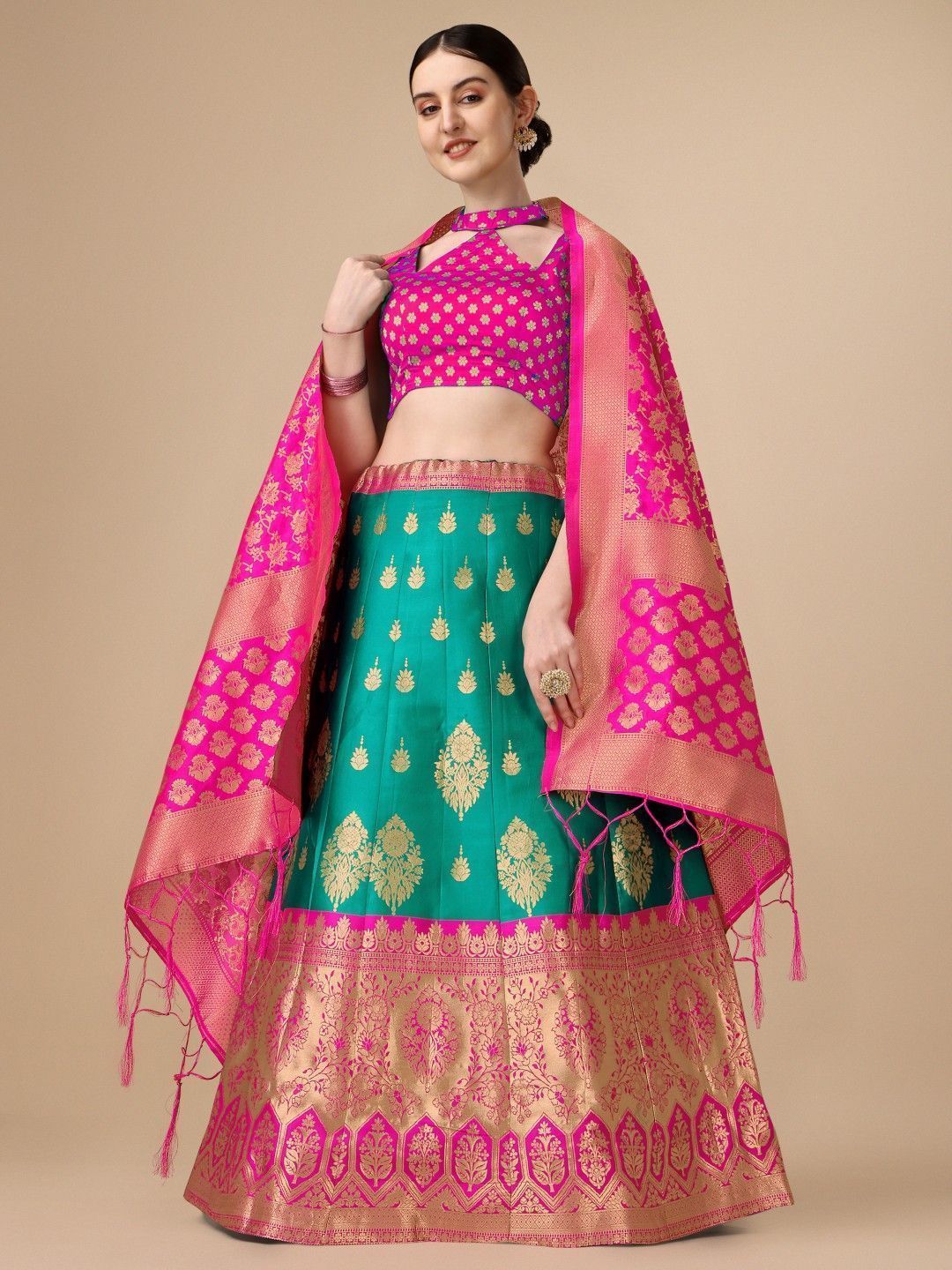 Rama Brocade Fabric Lehenga & Unstitched Blouse With Dupatta