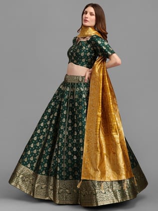 Green Brocade Fabric Lehenga & Unstitched Blouse With Dupatta